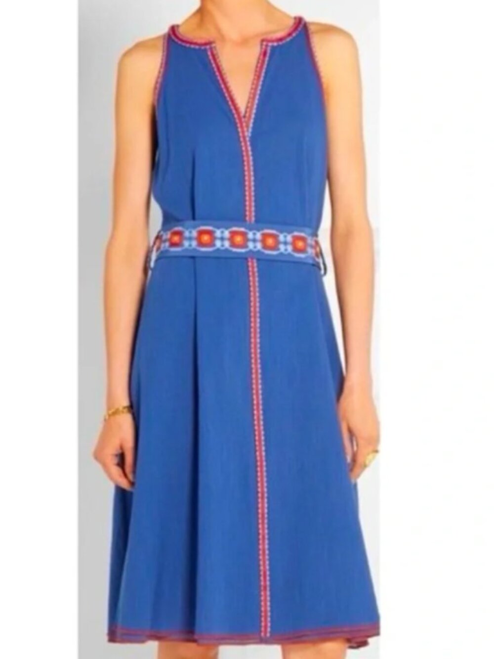 Tory Burch Savannah Crepon Embroidered Belted Midi Dress, Linen/Cotton - Women 6 - Picture 2 of 15